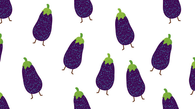 Isolated cute cartoon eggplants walking in a playful seamless pattern digital illustration