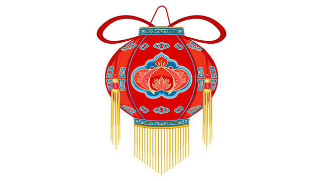 Isolated traditional red Chinese lantern with ornate gold tassels and peach motif design