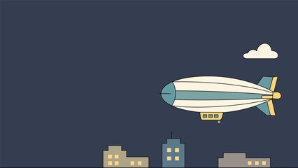 Minimal Airship Flying Over City Skyline at Night Cartoon Illustration Background Artworks © stock2004