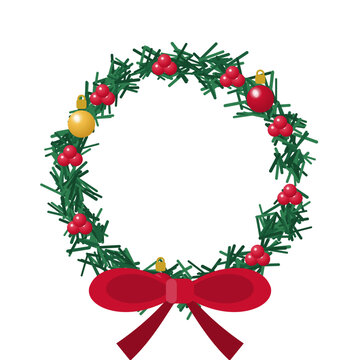 Christmas pine wreath with red berries, baubles and large red bow, isolated vector illustration
