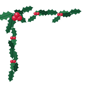 Christmas corner border of holly leaves and red berries, decorative frame element isolated vector