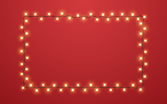 Christmas lights border. Glowing warm bulbs on red background. Festive frame for holiday greeting, invitation, banner, card. Seasonal decoration template. Vector illustration.