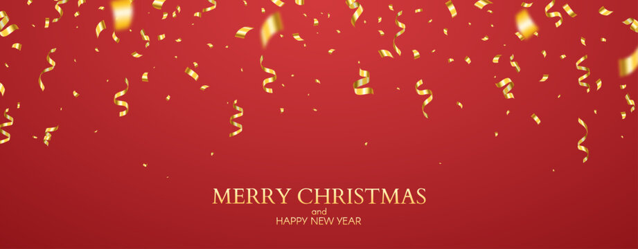 Christmas red background. Happy New Year greeting card with golden confetti and ribbons on festive backdrop. Elegant bright design for holiday greeting card, invitation or banner. Vector illustration.