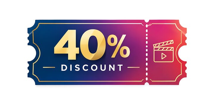 40 percent discount ticket voucher, blue and red gradient coupon with gold typography, cinema movie sale promotion graphic