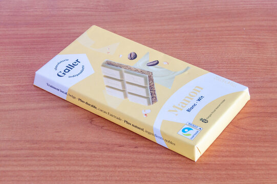Pruszcz Gdanski, Poland - July 30, 2026: Galler Manon white coffee chocolate. Chocolate with Belgian Royal Warrant Holder sign.