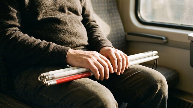 Passenger holding a folded white cane while seated on a train