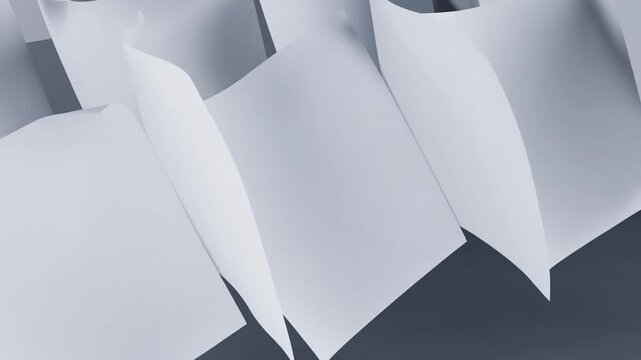 Abstract white geometric forms overlap in a layered composition against gray