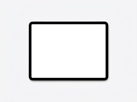 Black tablet with blank white screen on white background, device mockup. Modern tablet with thin black bezels in landscape orientation and an empty white display, subtle shadow below the frame. Flat