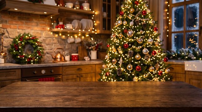 Christmas, Interior, Festive kitchen backdrop with empty wooden table in foreground, Christmas tree and twinkling lights creating a warm, cozy