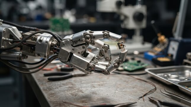 Humanoid robot hand gripping a precision component above a workbench with exposed joints and cabling