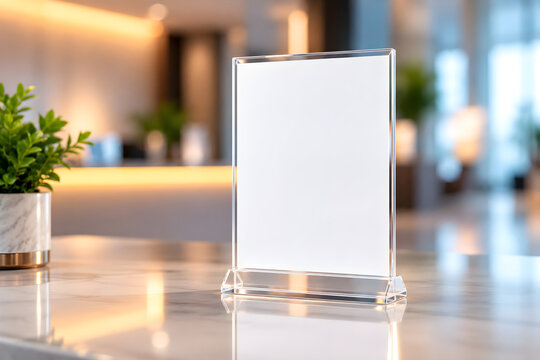 Blank acrylic menu holder standing upright on polished marble counter inside modern luxury hotel lobby