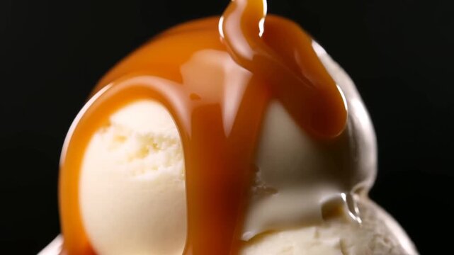 Vanilla ice cream scoops stacked in closeup against a dark studio background