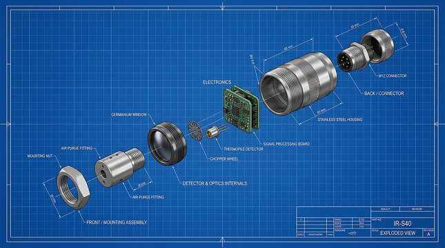 Industrial Infrared Temperature Sensor Isolated Blueprint 3D Model with Exploded Part Diagram for Sensor Engineering Non Contact Measurement and Instrumentation
