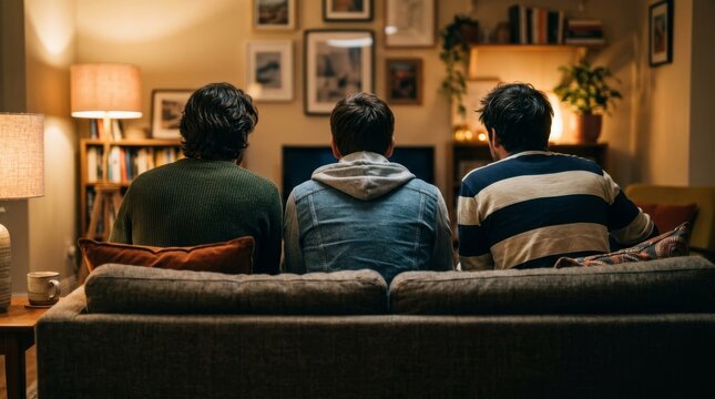 Three male friends sit on a couch and watch television in the living room.