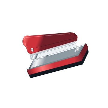 Red mini stapler open isolated on transparent background, small office stapler PNG illustration