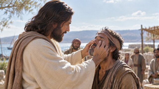 Jesus Healing a Blind Man at Bethsaida, Restoring Sight with Divine Touch in a Serene Biblical Moment.