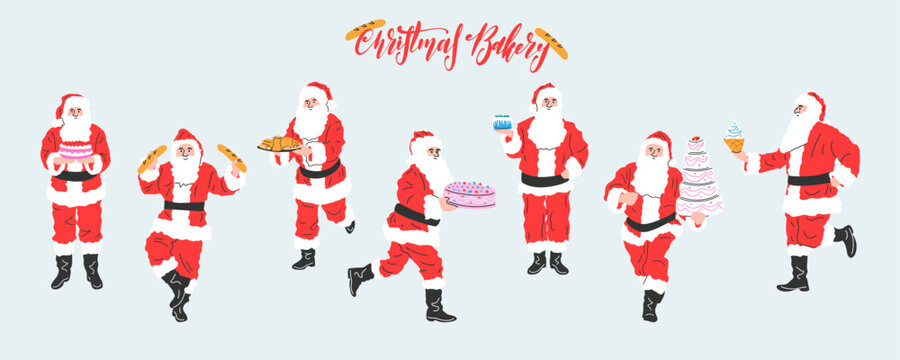 Vector set of Santa Claus bakery and confectionery characters.