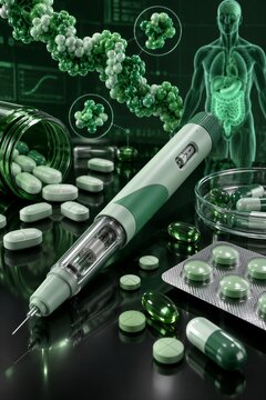 3D medical visualization of GLP-1 therapy showing injectable pen and oral tablets. Illustrating subcutaneous and oral agonist options for diabetes and obesity treatment.