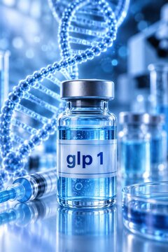 Vial, DNA helix, and liquid symbolize biotechnology, medical research, obesity treatment, and metabolic health breakthrough. GLP-1 label highlights pharmaceutical development and