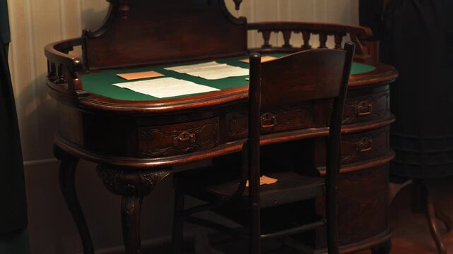 An antique wooden desk in a house from the era of Tsarist Russia, featuring a green felt surface and sheets of paper.
