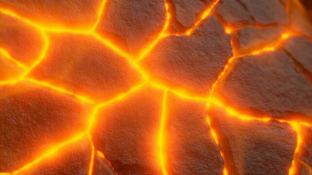 Molten lava glows between cracked dark volcanic rocks in a closeup view