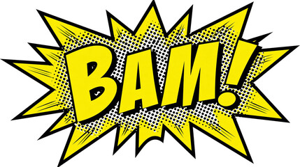 Isolated vibrant yellow comic book style speech bubble with "BAM!" sound effect and halftone dots. © Lucas