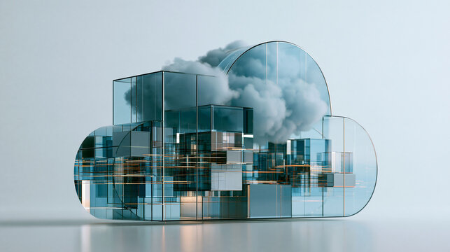 Futuristic cloud computing concept with translucent glass architecture and fluffy clouds in modular cubes, generative AI