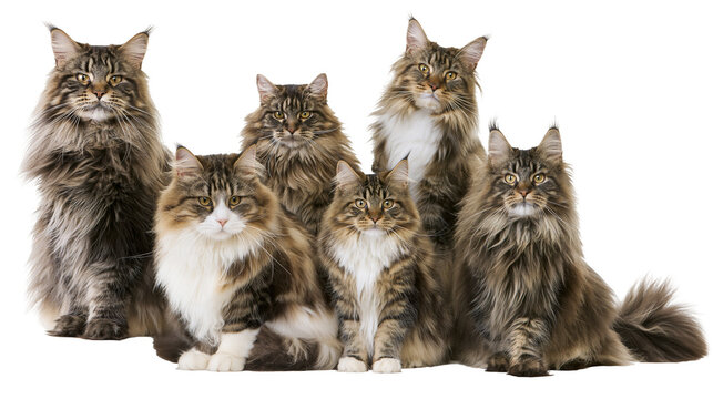 Isolated group of majestic fluffy Maine Coon cats with long fur posing in a row