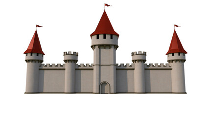 Isolated classic fairytale castle with red cone roofs and flying flags, iconic medieval fortress. © Lucas