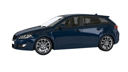 Obraz premium Isolated modern dark blue station wagon car, sleek family transport vehicle with shiny alloy wheels