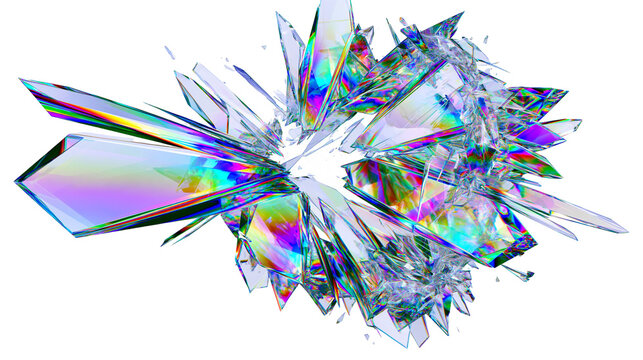 Isolated abstract shattered crystal fragments with vibrant rainbow refractions and sharp glass shards.