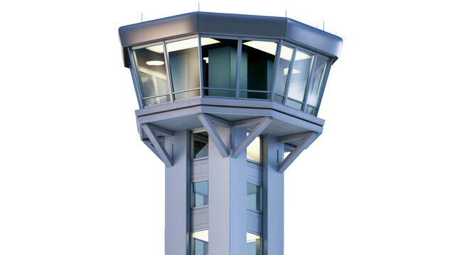 Isolated modern air traffic control tower with large windows for airport operations and navigation