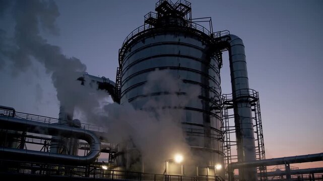 Industrial distillation tower releases dense steam against evening sky at chemical manufacturing plant, where metallic storage cylinder and glowing floodlights emphasize busy refining activity.