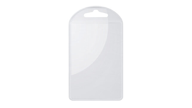 Isolated empty transparent plastic blister packaging pouch with hang tab for product display