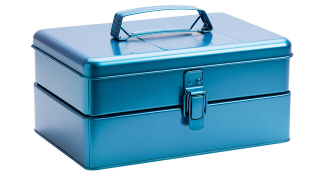 Isolated vibrant blue metallic tool storage box with a handle and secure latch