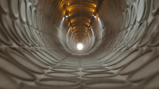 Illuminated arched tunnel extends toward a bright opening beneath a ribbed ceiling