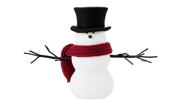 Isolated snowman figure wearing a classic black top hat and a cozy red knitted scarf