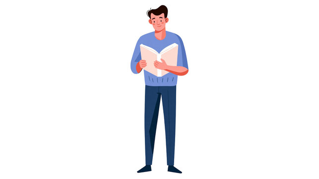 Isolated young man intently studying a book, deeply engaged in learning or academic education concept