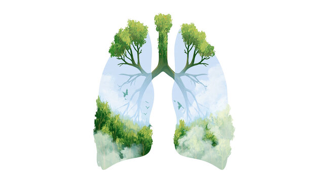 Isolated human lungs filled with lush green forest, clean air and environment concept with text