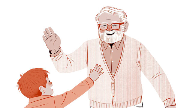 Isolated cheerful old man waving to happy young boy reaching up, intergenerational bond