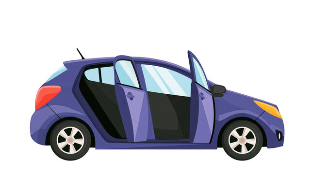 Isolated blue hatchback car with all four doors open, ready for passengers, vector illustration
