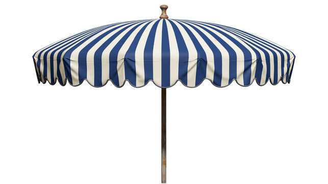Isolated classic blue and white striped outdoor patio beach umbrella for summer relaxation