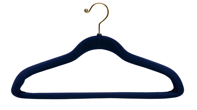 Isolated dark blue velvet clothing hanger with elegant golden hook for wardrobe organization