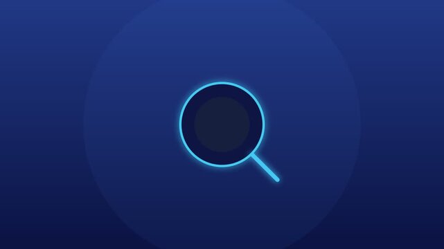 Glowing blue digital magnifying glass icon with plus sign animation