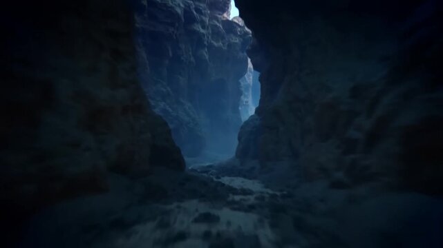 Rocky cave passage approaches a bluelit opening as the viewpoint moves forward