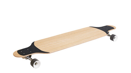 Isolated modern wooden longboard with black grip tape and wheels for urban recreation © Vincent