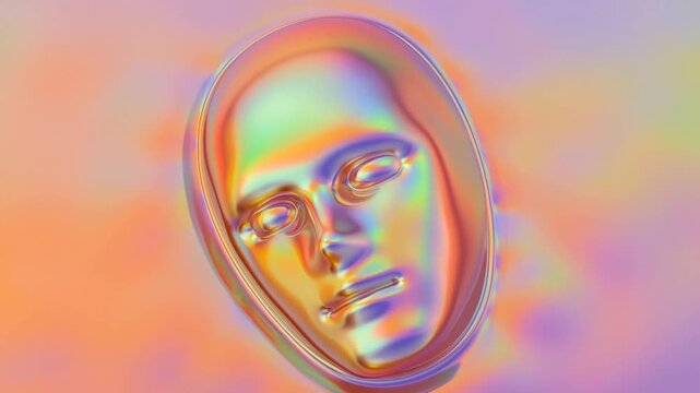 Shimmering metallic face sculpture holds a fixed pose against a pastel gradient