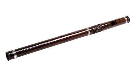Isolated traditional wooden flute wind instrument with ornate carving and metal bands, musical culture © Vincent