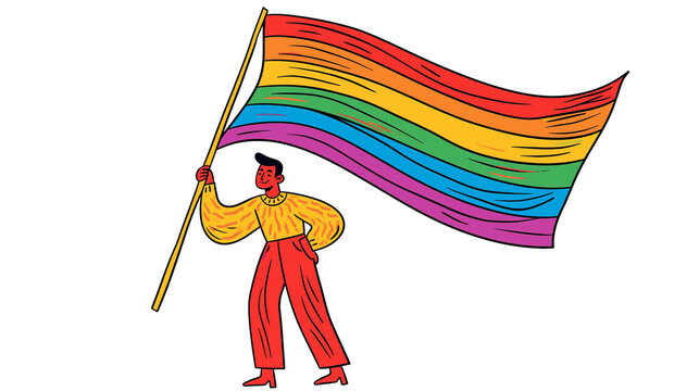 Isolated cheerful person holding a large waving rainbow pride flag for diversity and freedom
