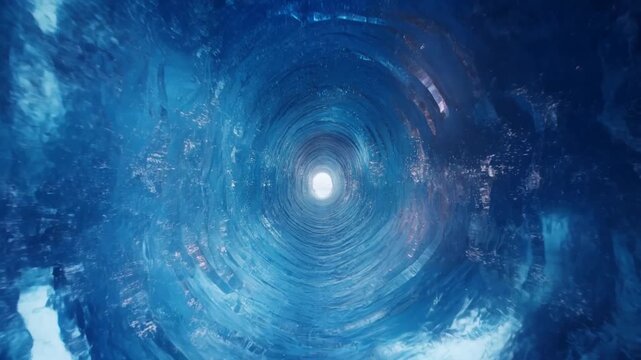 Blue ice tunnel recedes toward a bright opening through swirling crystalline walls